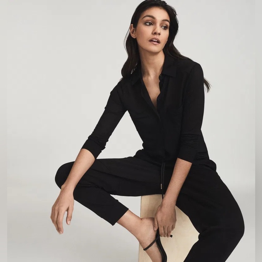 Reiss Nancy Black Twin Pocket Jersey Button Shirt Excellent Size S